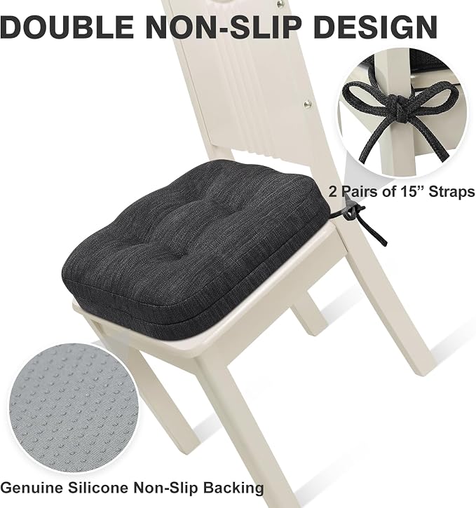 Shinnwa Kitchen Chair Cushions Set of 6, Dual-Layer Memory Foam Dining Chair Cushions, Patented Design Seat Pads with Ties, 16.5 x 16.5 x 3.5in, 6 Pack, Charcoal
