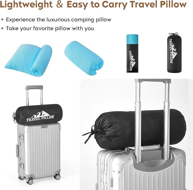 Small Shredded Memory Foam Pillow, Camping Pillow Travel Pillow - Compressible Medium Firm, Breathable Cover, Ideal Backpacking Hiking, Airplane and Car (Sky Blue, M)