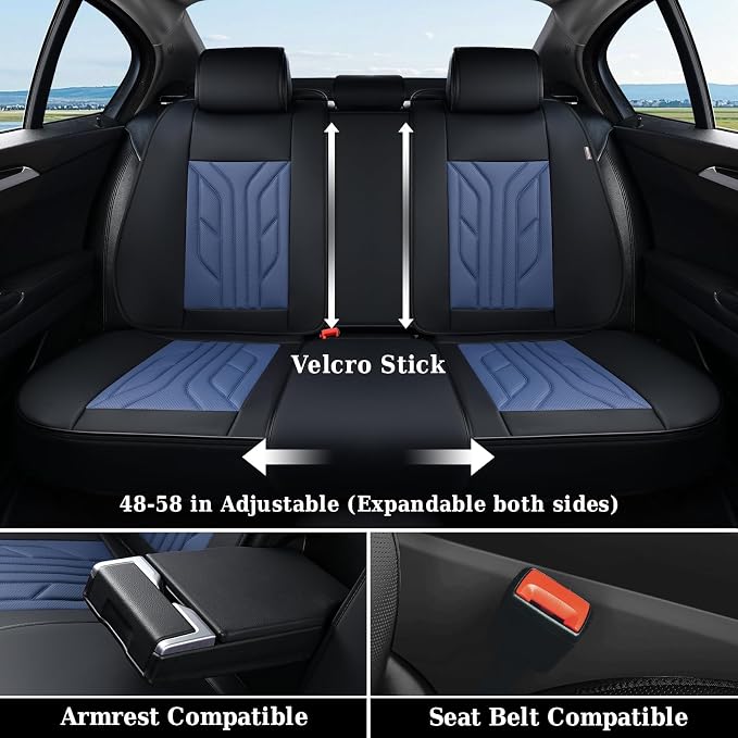 Coverado Car Seat Covers Full Set, Automotive Seat Covers Car Seat Protector Car Seat Cushion, Waterproof Leather Seat Covers for Cars, Universal Fit for Most Sedans SUV Pick-up Truck(Black&Blue)