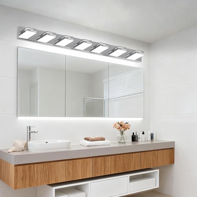LED Modern Bathroom Vanity Light Fixtures, Dimmable Chrome Vanity Lights for Bathroom Lighting Fixtures Over Mirror, with 360° Rotatable Heads 7-Light 48-inch (Cool White 6000K)