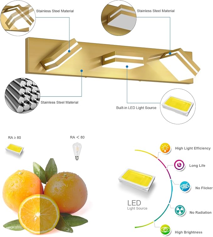 SineRise LED Modern Bathroom Vanity Light Fixtures (3-Light, 24-Inch, Dimmable), Brass Modern Acrylic Bathroom Wall Lighting Fixtures Over Mirror (Cool White 6000K)