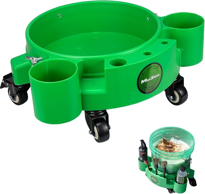 Maxshine Universal Rolling Bucket Dolly (Green) – Heavy-Duty, 5 Wheels with 2 Locks, Tool Organizer – 360° Mobility for Car Wash Supplies & Auto Detailing Organization
