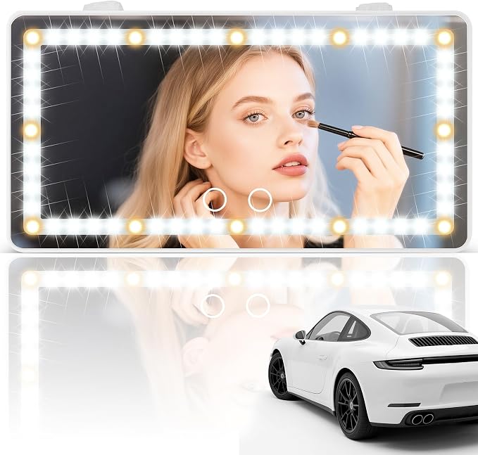 SINGARO Car Sun Visor Vanity Mirror - Rechargeable Makeup Mirror with 60 LEDs, 3 Light Modes & Dimmable Touch Control for Cars, Trucks, SUVs, Car Interior Accessories for Women (White)