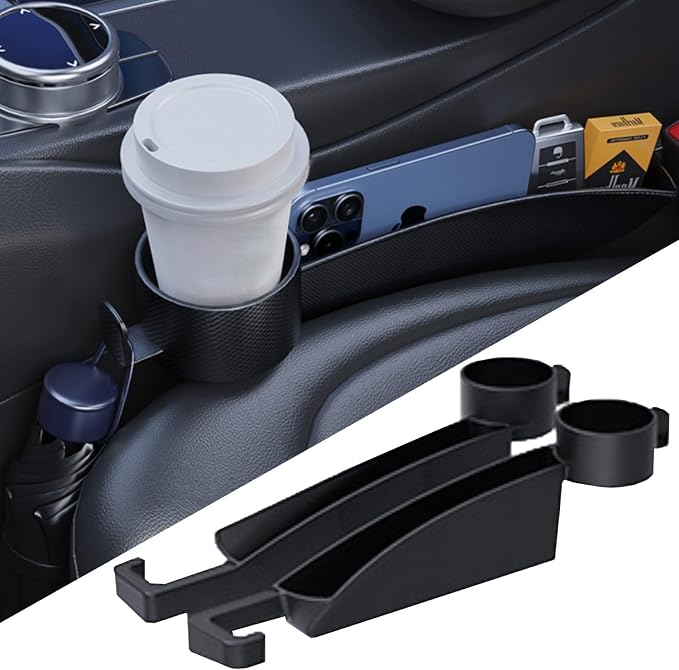 Car Seat Gap Plug with Storage Slot, Auto Gap Filler Organizer with Cup Holder, Universal Carseat Side Gap Filler Strip 2 Pack Between Front Seats & Console, Anti-Drop Pad with Seatbelt Holes, Black