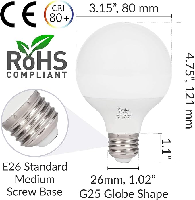 Simba Lighting LED G25 Bulbs 8W 60W Equivalent 120V E26 Daylight, 3 Pack | Decorative White Frosted Cover Globe G80 Light Bulbs for Bathroom Vanity, Makeup Mirror, Standard E26 Medium Base, 5000K