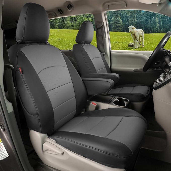 coverdream Sienna Leather Car Seat Covers Custom Fit for 2011-2020 Toyota Sienna SE,LE,XLE,SE Premium,XLE Premium,8-Seater,Full Coverage,Airbag Compatible Auto Seat Protector (Full Set,Black/Gray)