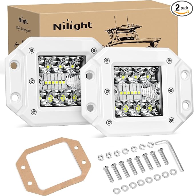 Nilight LED Light Pods 2PCS 42W Flush Mount Spot Flood Combo Backup Reverse Driving Bumper Lights Ponton Boat Deck Dock Lighting for Offroad Pickup Trucks SUV Van Tractors T-top Stern Saltwater Boats