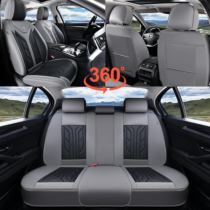 Coverado Car Seat Covers Full Set, Automotive Seat Covers Car Seat Protector Car Seat Cushion, Waterproof Leather Seat Covers for Cars, Universal Fit for Most Sedans SUV Pick-up Truck(Gray&Black)