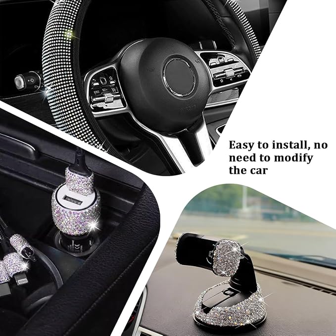 27PCS Bling Car Accessories Set for Women, 14.5-15" Crystal Rhinstone Steering Wheel Cover, License Plate Frame, USB Charger Phone Holder, Girly Auto Decor Set, Universal Fit (Multicolor)