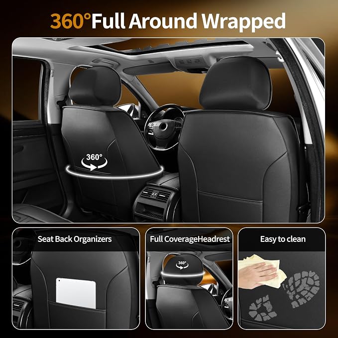 Fit Leaf Car Seat Covers Compatible with Nissan Leaf 2011-2025 2026.Full Coverage Waterproof Leather,Compatible with Airbag,All - Weather Seat Cushion Protector(2 Front,Black)