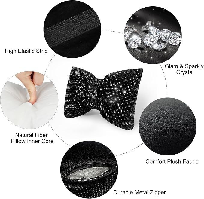 surpassme 2PCS Rhinestone Car Headrest Neck Pillow for Driving with Bling Bling Crystal Bow Pillow Car Accessories for Women (Black)
