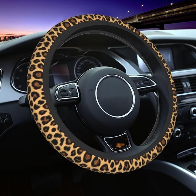 Leopard Print Steering Wheel Cover - Cheetah Leopard Print Steering Wheel Cover Anti-Slip Breathable for 15 in Universal 2 Pcs Car Interior Cup Holder Pad for Men Women