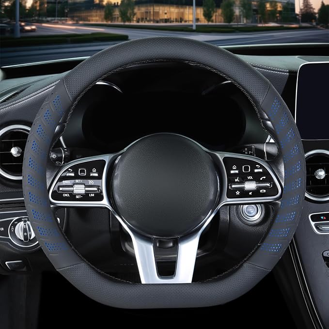 3D Soft 15 inch Leather D Shape Steering Wheel Cover Black Blue | Breathable Anti-Slip Premium Skin-Feel Perforated Thin Nappa Leather, Universal 14.5 inch to 15 inch