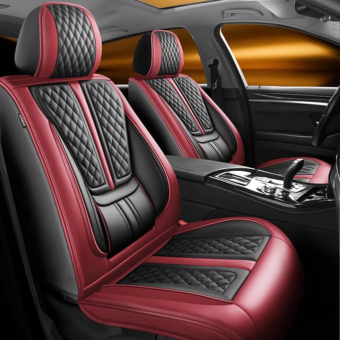 Fit Leaf Car Seat Covers Compatible with Nissan Leaf 2011-2025 2026.Full Coverage Waterproof Leather,Compatible with Airbag,All - Weather Seat Cushion Protector(Full Set,Red)