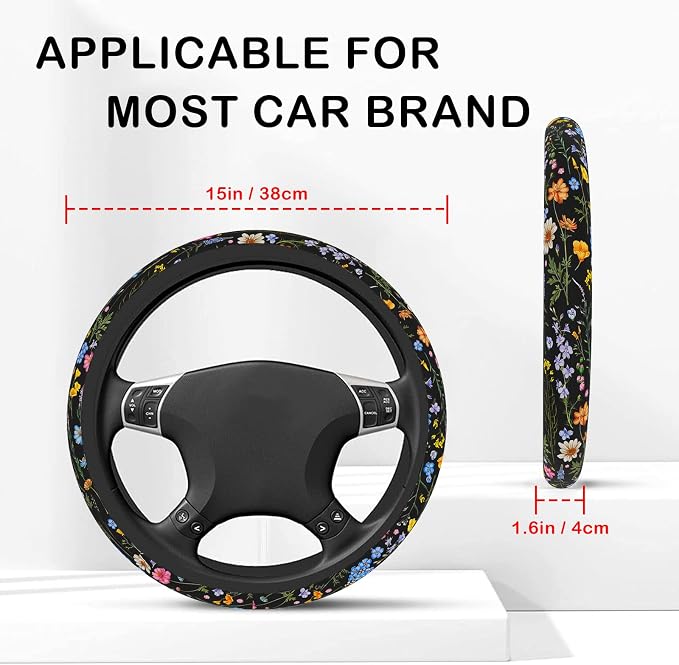 Wildflower Steering Wheel Cover for Women Men, Anti-Slip Breathable and Sweat Absorption Universal 14.5-15 Inch Cute Steering Wheel Protector, Wildflower Floral Car Accessories