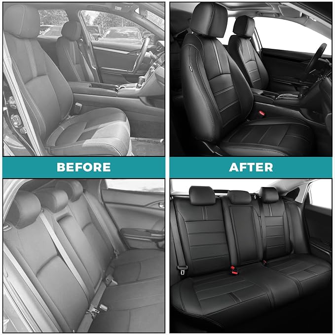 Seat Covers for Honda Civic Hatchback LX, EX, EXL, Sport, Touring, 2016-2021, Faux Leather Car Seats Cover Full Set Seatback Waterproof, Black (60/40 Split Seatback)