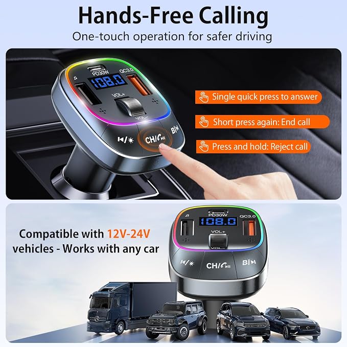 Redroman USB C Bluetooth 5.4 Car Adapter for Hands-Free Calling & 48W Fast Charging, Wireless FM Transmitter Audio Receiver with USB Playback and 7-Color LED Backlit, Type-C PD Charger for All Cars