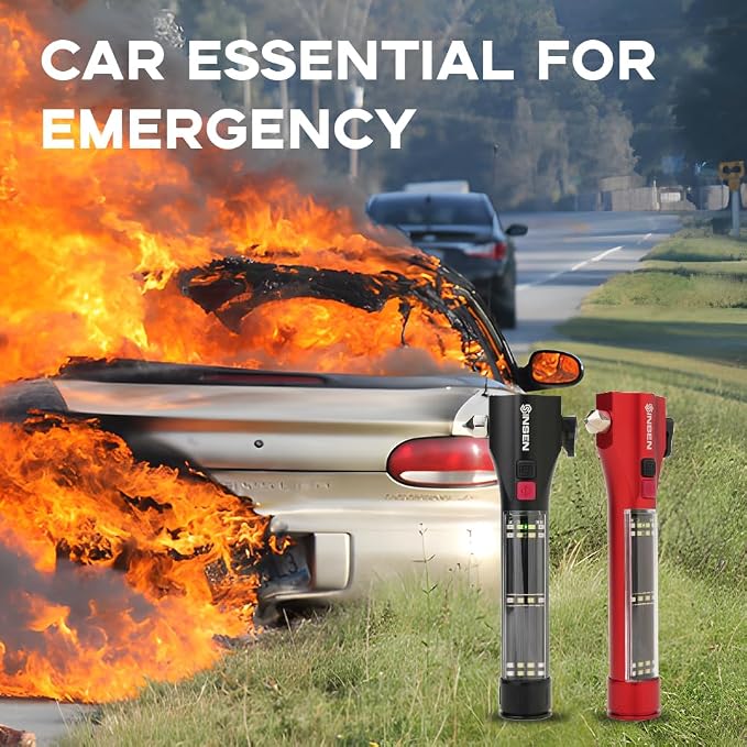 SINSEN Emergency Flashlight for Car, Seatbelt Cutter Window Breaker, 16-in-1 Multifunctional Safety Tool—Glass Hammer/Bright Solar Torch/Rechargeable/Rescue Alarm & Beacon/Repair Magnet