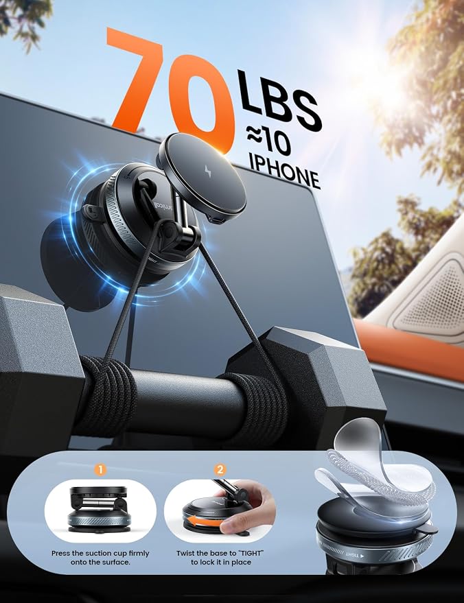 Lamicall 15W for MagSafe Car Mount Charger - Dual USB-C Ports, Magnetic Phone Holder for Car, Magnetic Wireless Car Charger, Vacuum Suction Cup Phone Mount for iPhone 17 Pro Max 16 15 Truck Jeep Black