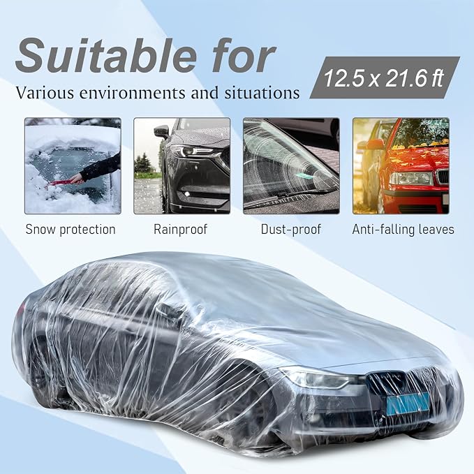 BBTO 2 Pack Universal Plastic Car Cover with Elastic Band Disposable Clear Car Covers Bulk 12.5 x 21.6 ft Waterproof Dustproof Full Exterior Protector for Sedan Outdoor Snow Rain Weather