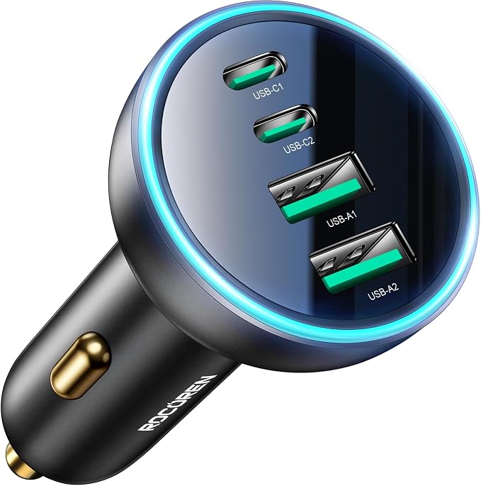 70W USB C Car Charger, Rocoren 4-Port PD Super Fast Charging Type C Car Charger for Multiple Devices, Cigarette Lighter Adapter, USBC Phone Adapter for iPhone 17/17 Air/16/15 Pro Max,Samsung S25,Piexl