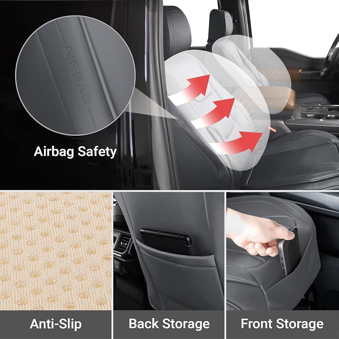 Coverland Custom Truck Car Seat Covers Front Seats for [2019-2026 RAM 1500 Crew Cab Bucket Seats] - Protector Car Seat Cover Water Resistant Leather Memory Form Back Support Cushion [Front-Dark Gray]