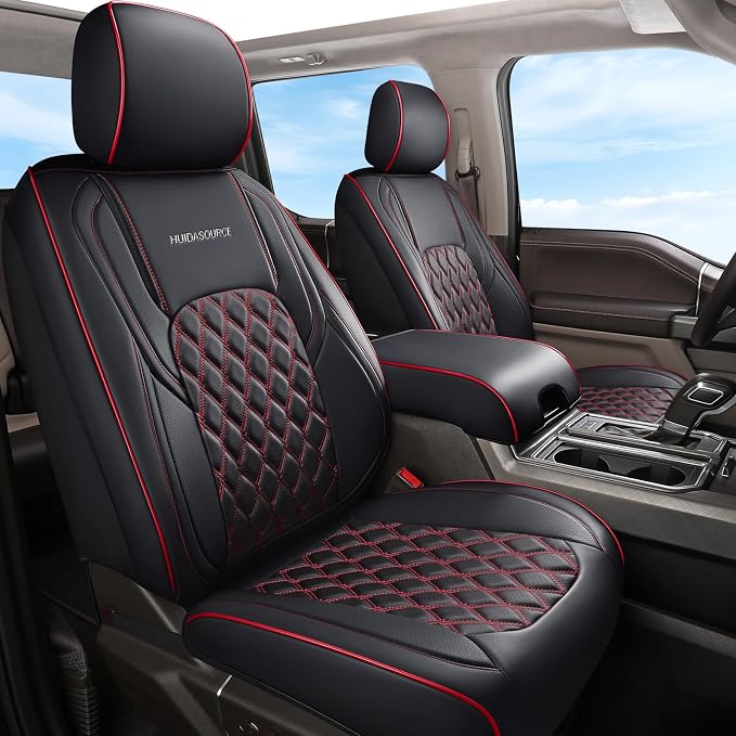 Huidasource Dodge Ram 1500 Front Seat Covers, Full Coverage Truck Seat Cover Fit for 2009-2018 ram 1500, 2010-2025 ram 2500/3500 Crew/Mega Cab, 2019-2025 ram 1500 Classic Only(Flat Front/Black&Red)