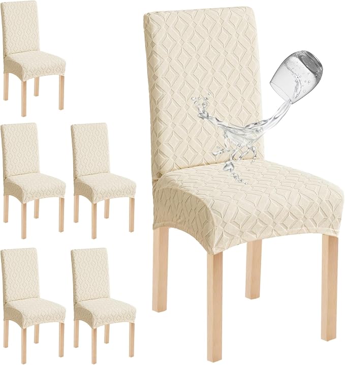Genina Waterproof Chair Covers for Dining Room Set of 6, Removable Washable Chair Slipcover Protectors, Beige