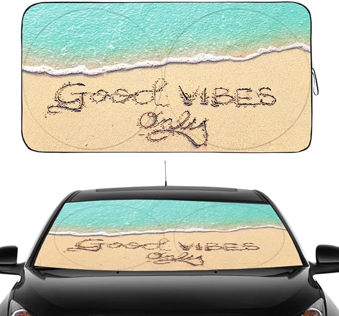 Gven Windshield Sun Shade, Car Front Window Shades Cute Sunshade Windshield Cover Sun Visor Shield Block Automotive Interior Protector Blocks UV Rays for Car Pickup Truck SUV (Good Vibes, L)