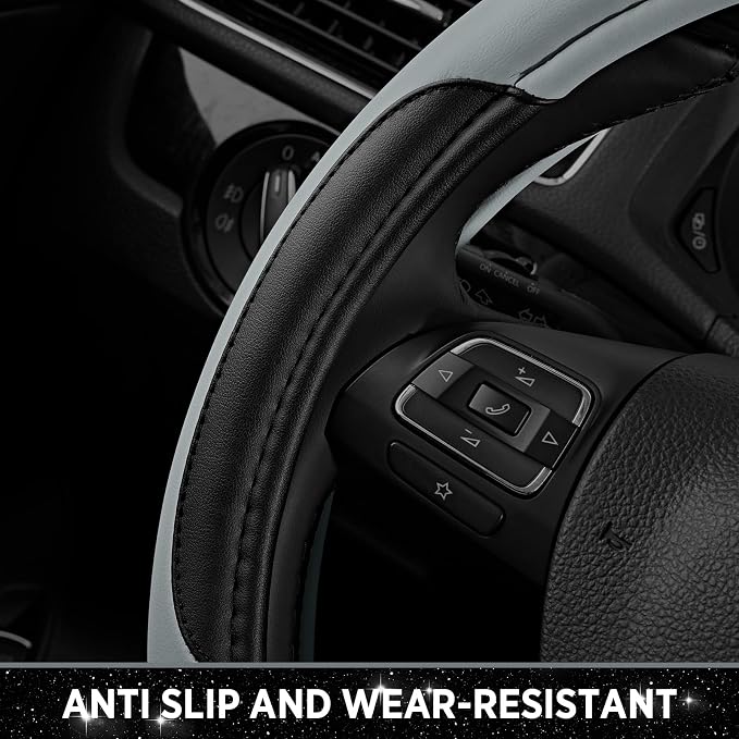 Road Comforts Leather Steering Wheel Cover - Made with PVC Leather - Anti-Slip, Universal Fit 14 1/2 inches to 15 inches - Gray