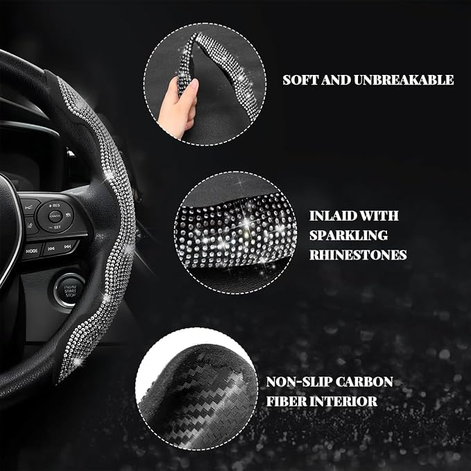 2 PCS Steering Wheel Cover, Segmented Car Wheel Covers with Crystal Rhinestones, Non-Slip Protector Bling Sparkly Decoration for Most Steering Wheels, Car Accessories (Red)