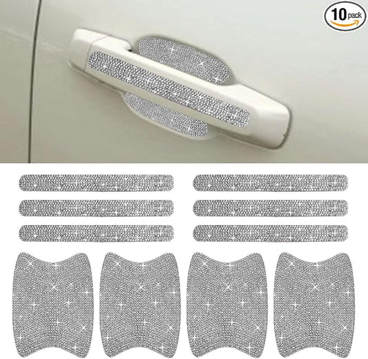 ZIMISI 10PCS Bling Car Door Handle Protector, Crystal Rhinestone Anti-Scratch Car Bowl Decoration Sticker Decal, Universal Auto Exterior Door Protective Covers Accessories for Women (White)