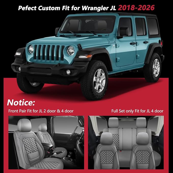 NS YOLO Wrangler Seat Covers 2018-2026,Custom Fit for Jeep Wrangler JK JL 4 Door Unlimited Sahara/Sport/Rubicon X 392 Willys,Waterproof Faux Leather and Lumbar Support (Grey, Full Set-5 Seats(18-26))