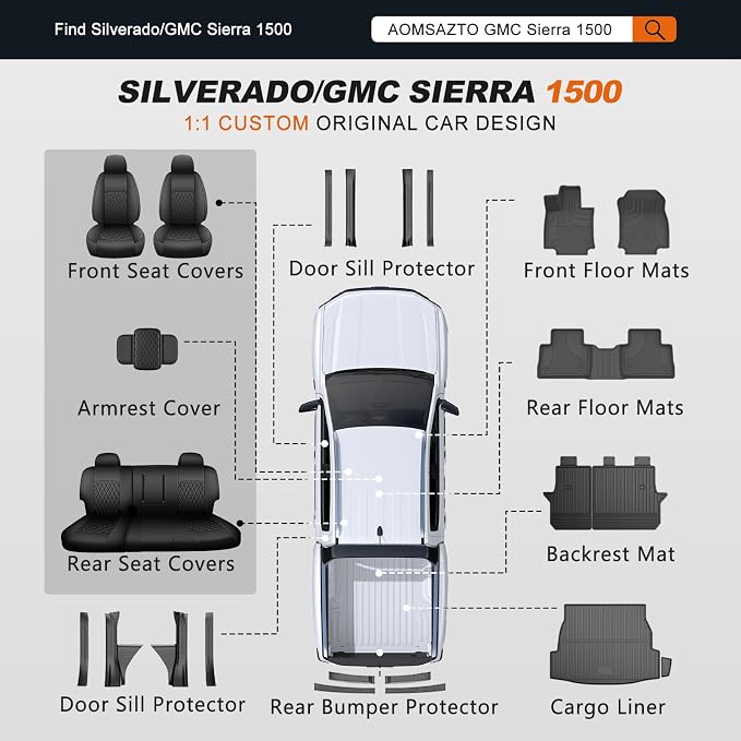 AOMSAZTO Truck Seat Covers for Chevy Silverado/GMC Sierra 1500 (2007-2013) 2500HD/3500HD (2007-2014) - Black Diamond Grid Faux Leather Seat Cover Full Set(Rear 40/60 Split for Crew Cab)
