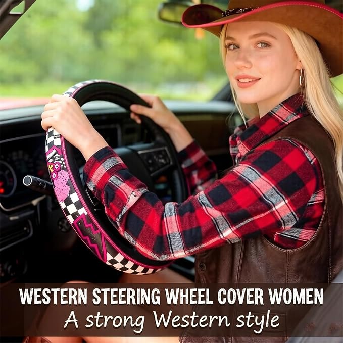 Western Cowboy Steering Wheel Cover - Retro Tooled Leather, Embossed Hand-Painted Design, Universal 15 Inch Anti-Slip Cover for SUV, Truck, Car, Breathable All-Weather, Easy to Install (Style-C)