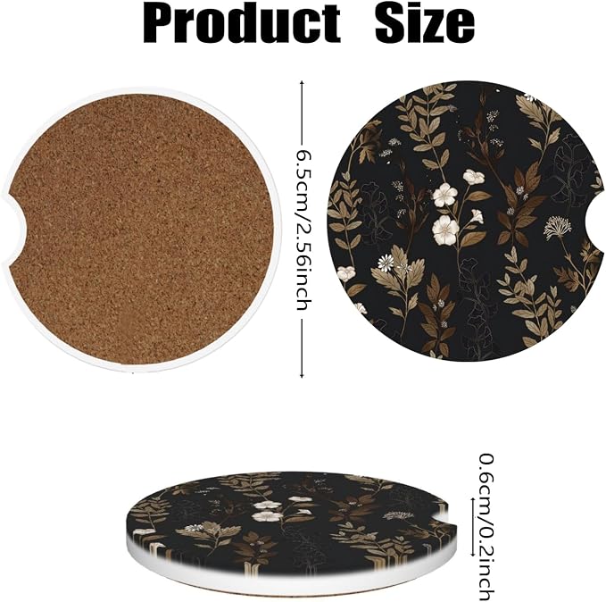 Ceramic Car Cup Coasters 2PCS - Little White Flower | with Cork Back & Finger Slot, Anti-Slip Shock Absorbing, Universal Car Interior Accessories for Men Women