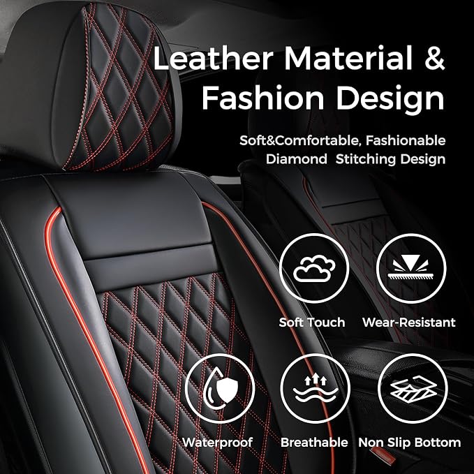 Huidasource Car Seat Cover Universal Fit for Most Cars, Vans,Trucks,SUVs, Seat Covers Nappa Faux Leather, Car Seat Covers Protector Front ＆ Split Bench Rear Velcro Adjustment (Full Set/Black&Red)