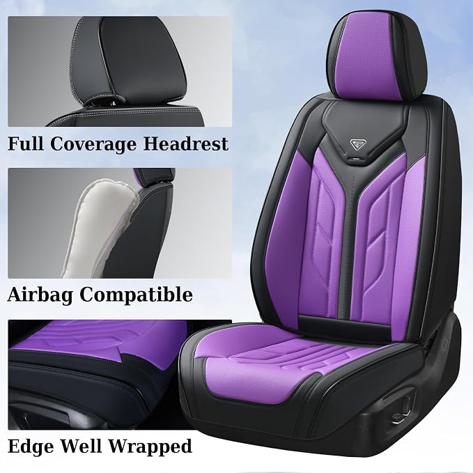Coverado Car Seat Covers Full Set, Car Seat Protectors Leather Seat Covers for Cars, Automotive Seat Covers Car Accessories Universal Fit for Most Sedans SUV Pick-up Truck(Black&Purple)
