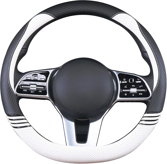 14 inch Cute Leather D Shape Steering Wheel Cover Black White | Breathable Faux Leather and Carbon Fiber Flat Bottom Car Accessories for Women Men Small 13.5 inch to 14 inch