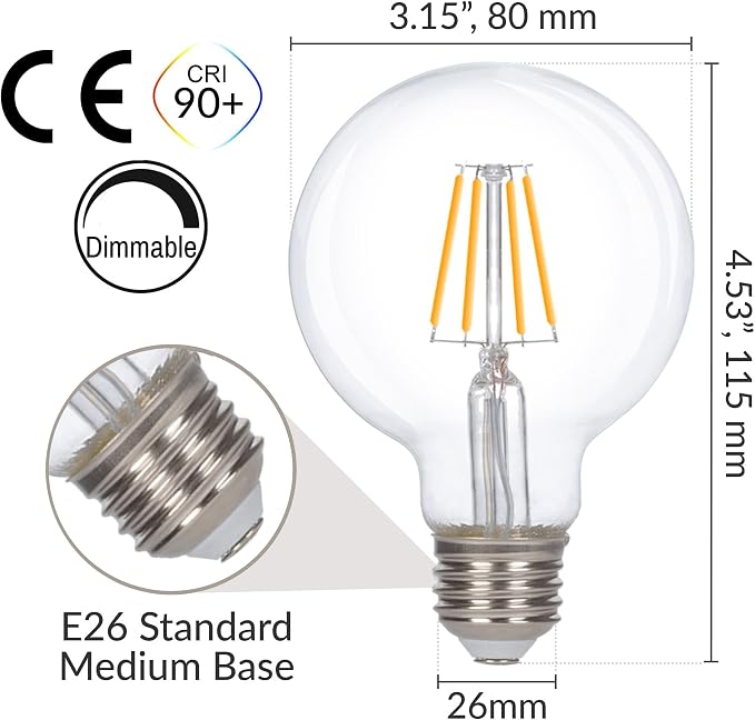 Simba Lighting LED Edison Vintage Filament G25 6W 120V E26, 2700K, 3 Pack | Vanity Globe G80 Bulb, Dimmable 60W Equivalent for Bathroom Makeup Mirror, Medium E26 Base, CE, RoHS Compliant, Warm White