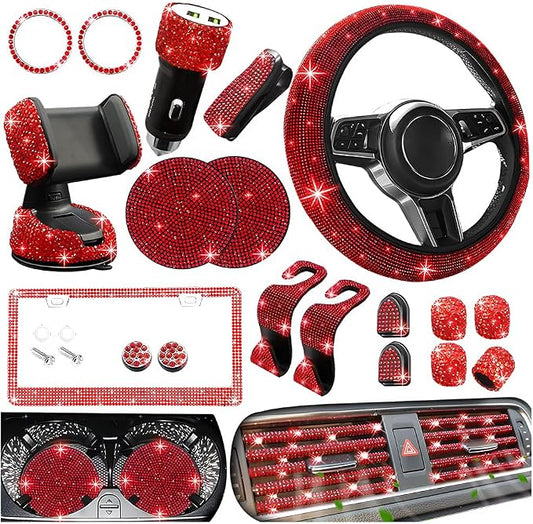 27PCS Bling Car Accessories Set for Women, 14.5-15" Crystal Rhinstone Steering Wheel Cover, License Plate Frame, USB Charger Phone Holder, Girly Auto Interior Decor Set, Universal Fit (Red)