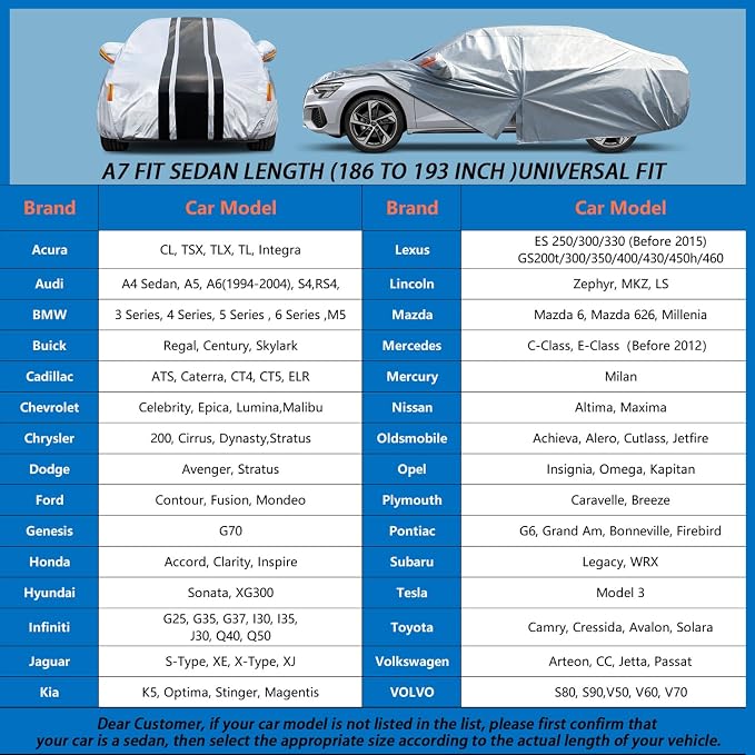 [2025 Upgrade] 10-Layer Car Cover Waterproof All Weather. Outdoor Full Exterior Covers for Automobiles Honda Accord, Toyota Camry, Nissan Altima/Maxima, Tesla Model 3.Size A7(Length 186 to 193 inch)