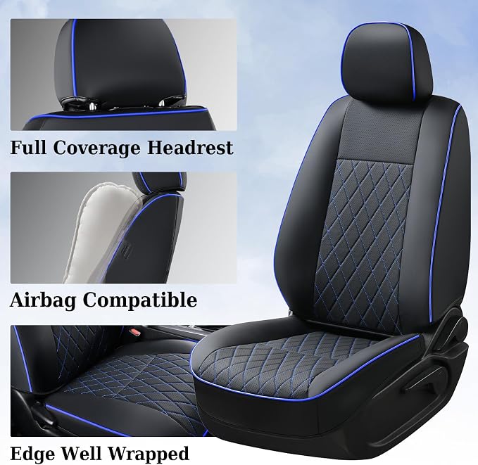 Coverado Tacoma Seat Covers Full Set, Faux Leather Seat Covers Custom Fit for 2016-2023 Toyota Tacoma Double/Crew Cab Base Prerunner SR5 Limited TRD Sport Interior Covers (Blue Line)