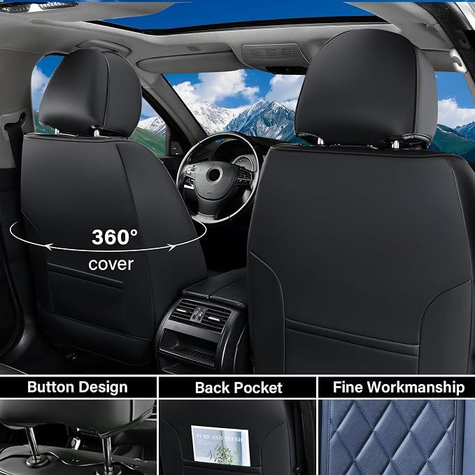 Coverado Seat Covers, Car Seat Cover Front Seats, Luxury Faux Leather Seat Cover, Black and Blue Seat Cover, Car Seats Protectors Waterproof, Automotive Seat Covers Universal Fit for Most Cars