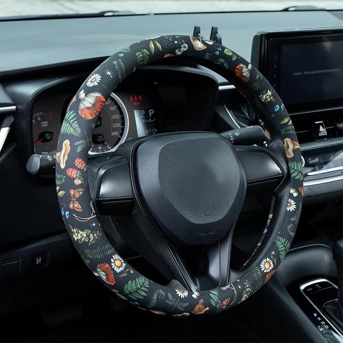 Woodland Fern Moth Dragonfly Mushroom Amanita Steering Wheel Cover Auto Steering Wheel Protector, Anti-Slip, Breathable, Absorbing Sweat, Universal Car Accessories 14.5–15 inch