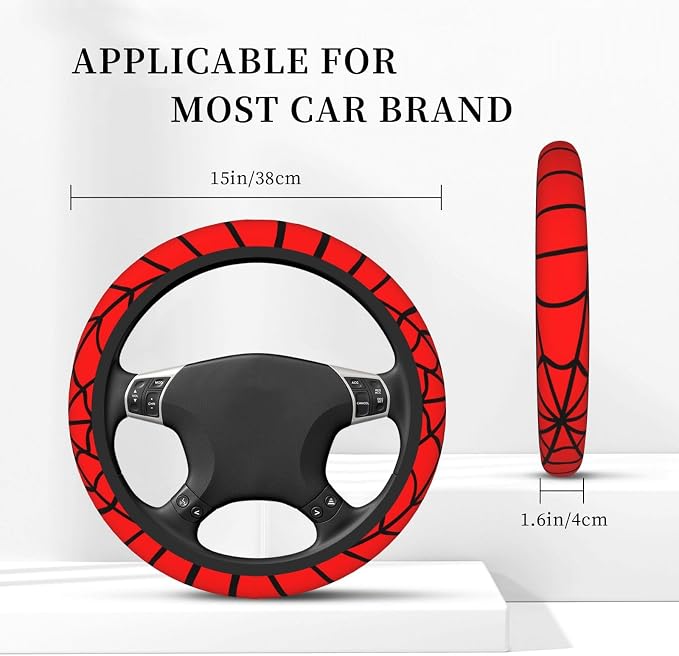 Red Black Spider Web Elastic Steering Wheel Cover Non-Slip Breathable Steering Wheel Protector Fit Auto, SUVs, Truck