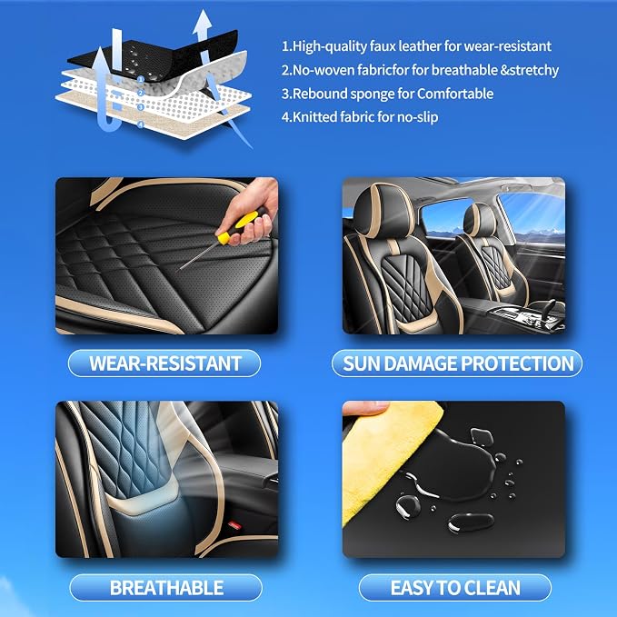 Fit Juke Car Seat Covers Compatible with Nissan Juke 2011-2016 2017-Premium Leather,Waterproof,Breathable,Airbag Compatible &All-Weather Seat Cushion Protecto(Full Set,Beige)