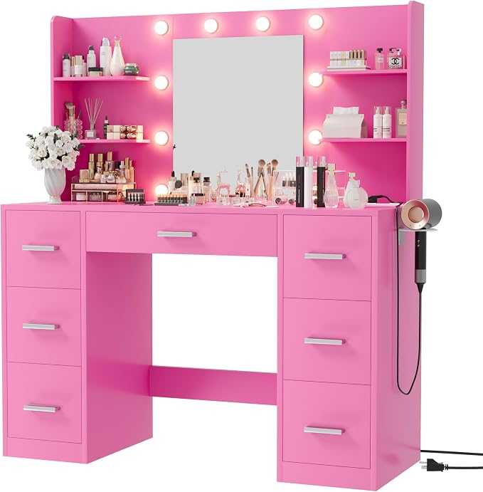 Furmax Vanity Desk with Mirror, LED Lights and Power Outlet Makeup Vanity Table with 7 Drawers and 6 Storage Shelves Dressing Table for Bedroom Dressing Room (Pink)