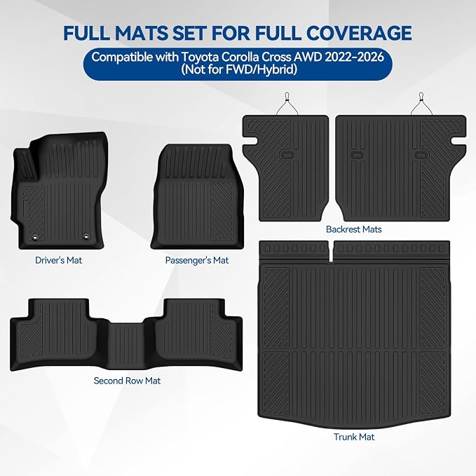 Custom Fit Floor Mats for 2022-2026 Toyota Corolla Cross Gas AWD | (Not for FWD/Hybrid) All Weather TPE Floor Liners & Trunk Mat & Backrest Protectors | Odorless Full Set Interior Accessories