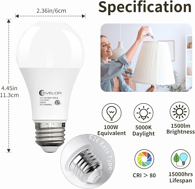 evelor 24-Packs A19 LED Light Bulbs,100 Watt Equivalent Daylight 5000K Bright Bulbs Efficient 13W,1500 Lumens E26 Base, Non-Dimmable, 15000-Hour Lifespan for Bedroom, Living Room, Office